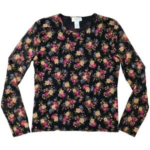 Vintage Y2K Dark Floral Sheer Mesh Top Sz L Long Sleeve Whimsigoth Fairy Grunge